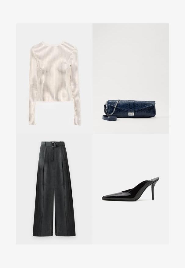 Dolgi rokav, izdelan iz prosojnega črtastuga blaga v kremnih in bež odtenkih; oblikovan kroj z okroglim izrezom in rebrasto teksturo.; Široke hlače v temno sivi barvi, z gladko teksturo, naborki in pasom s srebrno sponko na visokem pasu.; Črne patentirane čevlje s peto, z usko silhueto in koničastim nosom, z odprtim hrbtom in vitko stiletto peto.; Navy modra usnjena torbica z teksturo krokodila, srebrn trak in kovinsko zapiranje. Pravokotna oblika z zapiranjem na pregib.