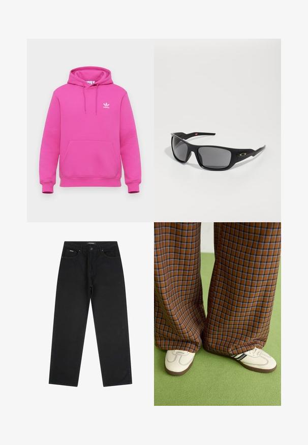 Růžová mikina vyrobená z měkké látky, s klokankou, kapucí na šňůrku a bílým logem adidas na levé hrudi.; Černé džíny s rovnými nohavicemi, s předními knoflíky a zipem, poutky na opasek a pětipocketovým designem, položeny na bílé pozadí.; Hnědo-modré kostkované široké kalhoty doplněné bílými botami s černými akcenty a texturovanou podrážkou, umístěné na zeleném pozadí.; Černé sluneční brýle s obdélníkovým tvarem, vyrobené z odolného plastu, s šedými zrcadlovými skly a zlatým akcentem po straně.