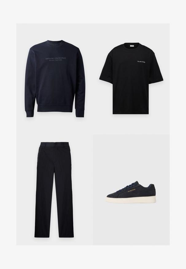 Námornícky modrý mikina vyrobená z jemného materiálu, s okrúhlym výstrihom a rebrovanými manžetami, s embosovaným textom "ARMANI EXCHANGE MILANO / NEW YORK".; Čierne bavlnené tričko s voľným strihom, krátkymi rukávmi a bielym logom "FILLING PIECES" na ľavej hrudi. Hladká textúra.; Čierne nohavice z ľahkého textúrovaného materiálu, s priamym strihom, elastickým pásom a bočnými zipsovými vreckami.; Námornícky modré semišové nízke tenisky s bielou podrážkou, námorníckymi šnúrami a zlatým logom "Filling Pieces" na boku.