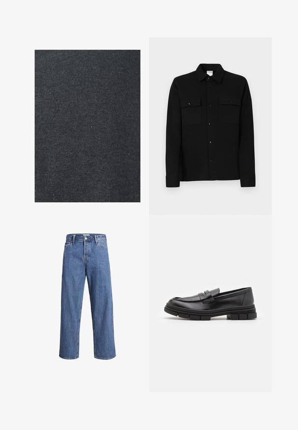 Tessuto di cotone nero con una texture liscia, caratterizzato da un motivo a maglia uniforme e privo di decorazioni visibili o dettagli in metallo.; Camicia nera con bottoni, realizzata in tessuto liscio, dotata di due tasche sul petto, colletto a punta e polsini con bottoni. Design semplice con dettagli minimi.; Jeans in denim blu chiaro con una vestibilità dritta, vita alta e dettagli di cucitura minimi. Il tessuto ha una texture morbida e leggermente sbiadita.; Mocassini in pelle nera con finitura liscia, dotati di un dettaglio di cinturino anteriore e di una suola in gomma spessa con accenti scanalati.