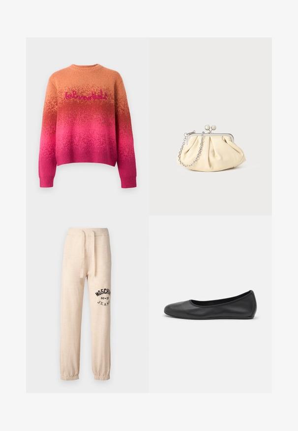 Strikket genser med en gradient fra oransje til rosa, rund hals og løs passform. "hlmn" brodert i rosa på brystet.; Beige sweatpants med elastiske mansjetter og midjebånd. Har en svart trykt logo "MOSCHINO 86 ❤ 23 JEANS" på venstre lår. Myk tekstur.; Svart skinnballettflatt med rund tå, glatt tekstur, minimal sømdetalj, og et fleksibelt såledesign.; Foliebeige lærveske med plisseringer og en sølvmetalramme, med to runde dekorative låser og en sølvkjede.