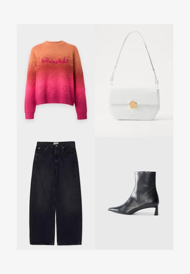 Sweter dziany z gradientem od pomarańczowego do różowego, z okrągłym dekoltem i luźnym krojem. Wyszywane "hlmn" na różowo na klatce piersiowej.; Szerokie czarne dżinsy z denimu z miedzianymi guzikami, dwoma przednimi kieszeniami i gładką fakturą. Czysty design z prostym krojem.; Czarne skórzane botki sięgające kostki z ostrym noskiem i eleganckim designem. Posiadają niski obcas oraz zamek błyskawiczny z tyłu. Gładka faktura.; Biała skórzana torba na ramię z geometrycznym złotym zapięciem, płaski design i wydłużony pasek. Charakteryzuje się prostymi liniami i błyszczącą teksturą.