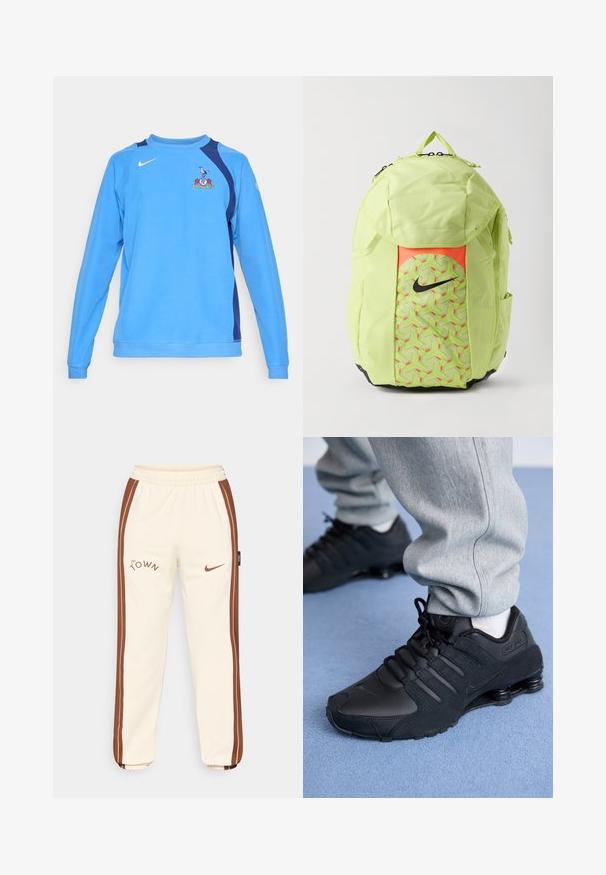 Gaiši zils džemperis ar garām piedurknēm, tumši zili akcenti uz pleciem, Nike logo dzeltenā krāsā un komandas emblēma priekšā. Mīksta auduma tekstūra.; Divi balti bezmugurkaļu krekli, ribotā tekstūrā, ar zilo un zaļo izšūto logotipu. Viens ar saules motīvu, otrs ar palmas motīvu.; Krekli jogger stila ar brūnām sānu svītrām, kurām ir "The Town" logo un Nike zīme. Elastīga jostasvieta un ribotas aproces. Mīksts, gluds materiāls.; Cilvēks valkā melnus Nike Shox sporta apavus un pelēkus sporta bikses, stāvot uz gaiši zilā paklāja.; Gaiši zaļš Nike mugursoma ar melno Swoosh logotipu, ģeometriska raksta priekšējo kabatu, sānu kabatām un augšējo rokturi uz baltā fona.