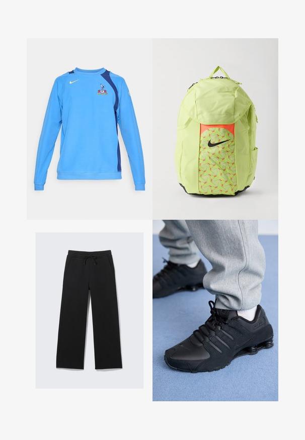 Světle modrá mikina s dlouhými rukávy, námořnické akcenty na ramenou, Nike logo ve žluté barvě a týmová embléma na přední straně. Měkká textura tkaniny.; Dvě bílé tílka s jemným žebrováním, zdobené modrými a zelenými vyšívanými logy. Jedno má design slunce, druhé design palmy.; Černé široké tepláky vyrobené z měkké tkaniny. Vybavené elastickým pasem se šňůrkou a bočními kapsami. Hladká textura.; Osoba v černých teniskách Nike Shox a šedých teplákových kalhotách stojí na světle modrém koberci.; Světlý zelený batoh Nike s černým logem swoosh, přední kapsa s geometrickým vzorem, boční kapsy a horní úchytka na bílém pozadí.