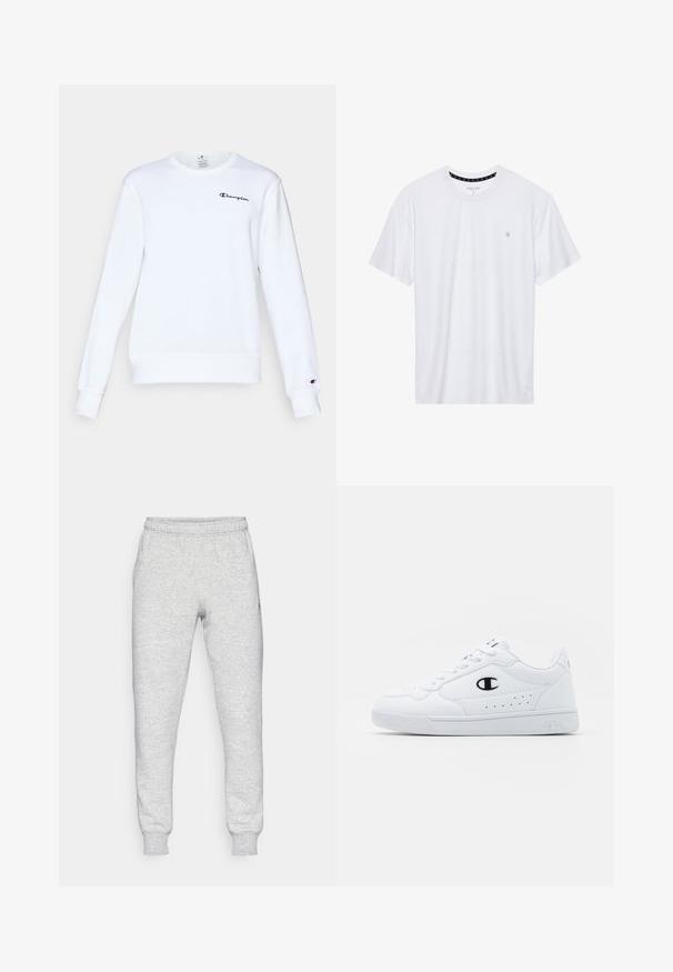 Bela bomba iz bombaža z dolgimi rokavi, okroglo ovratnico, rebrastimi manšetami in robom, na katerem je majhna črna "Champion" oznaka na prsih.; Belo majica s kratkimi rokavi iz bombaža, z okroglim izrezom, ki na levem delu prsnega koša nosi majhen izvezen logotip. Mehka tekstura.; Sive hlače iz mehkega bombažnega mešanega materiala, z elastičnim pasom, zoženimi nogami in majhnim logotipom na območju levega žepa.; Bela atletska športna obutev z gladkim sintetičnim zgornjim delom, črnimi logotipnimi detajli in perforacijami na strani. Guma podplat.