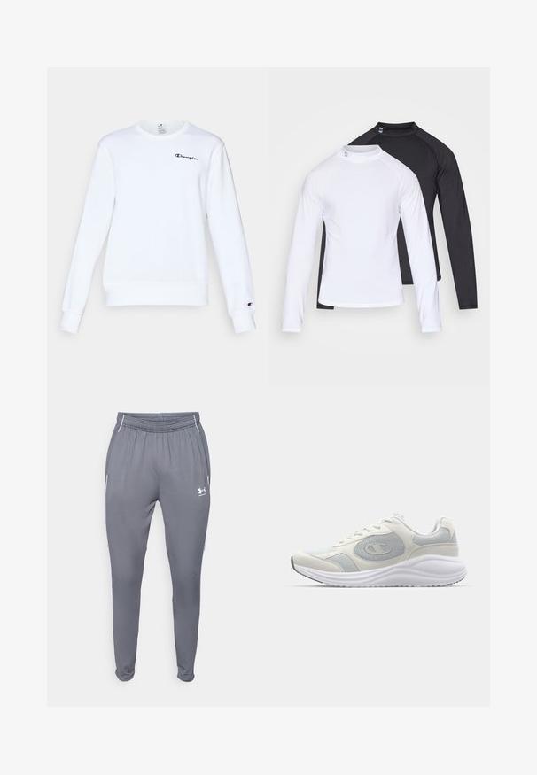 Sweat-shirt blanc en coton avec des manches longues, col rond, finitions côtelées aux poignets et à l'ourlet, arborant un petit logo "Champion" noir sur la poitrine.; Deux hauts à manches longues, un blanc et un noir, réalisés en tissu lisse et extensible avec une coupe ajustée et un col rond.; Pantalons de sport gris avec taille élastique, poches latérales et accents blancs. Fabriqués dans un matériau lisse et léger.; Baskets de sport blanches avec des accents gris clair, matériaux en maille et en suède, bout arrondi, semelle texturée et logo de marque visible sur le côté.
