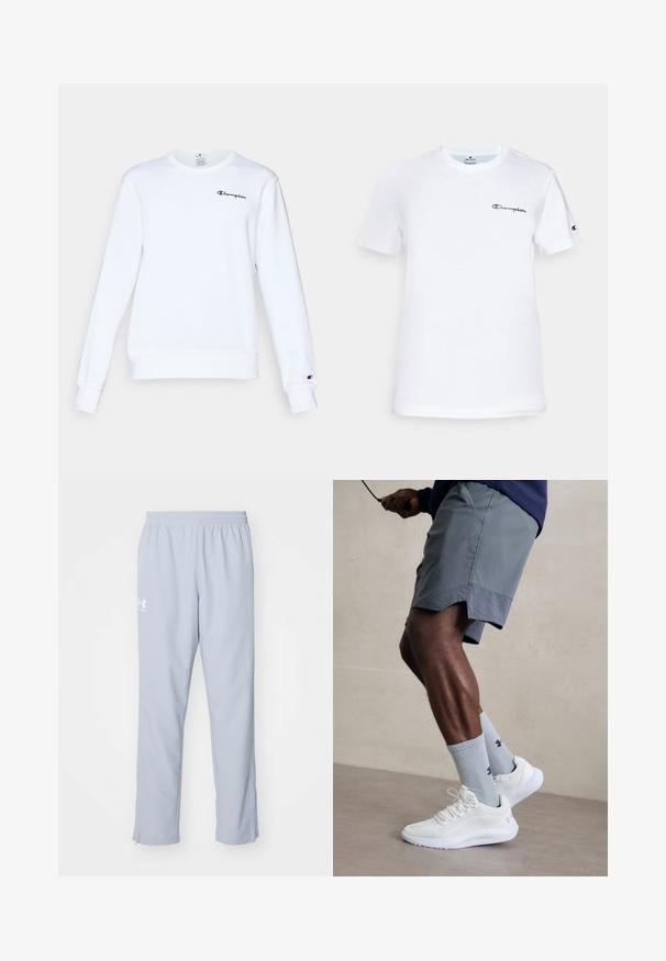 White cotton sweatshirt with long sleeves, round neckline, ribbed cuffs and hem, featuring a small black "Champion" logo on the chest.; White cotton t-shirt with a crew neckline, short sleeves, and a black embroidered "Champion" logo on the chest and sleeve accent.; Light blue athletic pants with an elastic waistband, side pockets, and ankle zippers. Features a white logo on the left thigh.; White athletic shoes with textured mesh upper, paired with light blue ribbed socks featuring a logo. Grey athletic shorts with perforated trim.