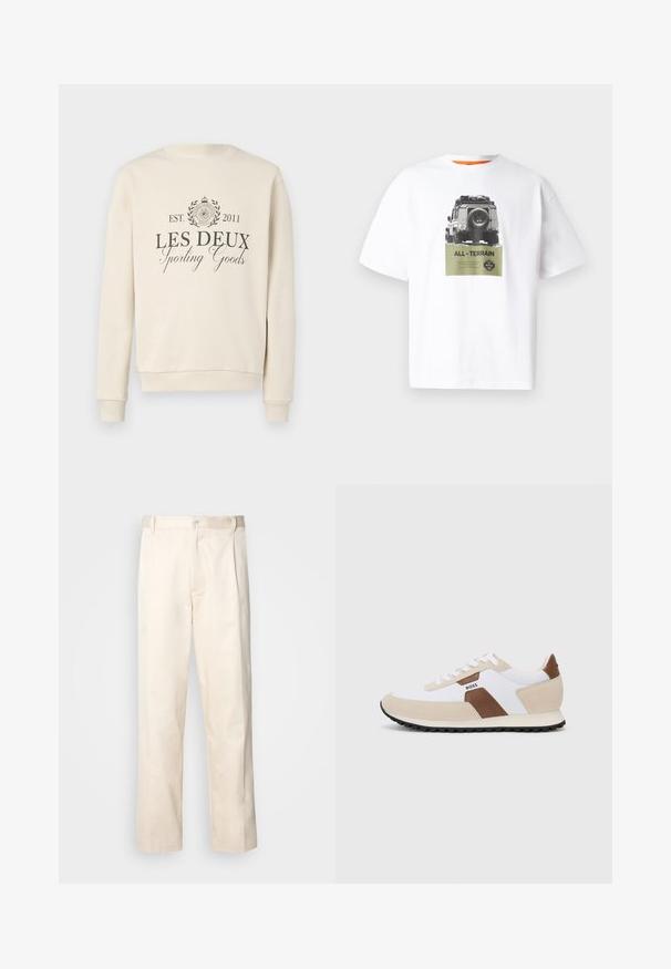 Kremowa bluza z okrągłym dekoltem. Na przodzie znajduje się napis "LES DEUX Sporting Goods" w ciemnoszarym kolorze, otoczony okrągłym emblematem oraz wzorem laurowym.; Biała bawełniana koszulka z grafika pojazdu oraz napisem "ALL-TERRAIN" w zielonym kolorze, z czarno-białym wzorem. Pomarańczowy wewnętrzny kołnierzyk.; Beżowe bawełniane spodnie o prostym kroju nogawki, z zapięciem na guziki i plisami z przodu dla dodatkowego zdobienia.; Sneakers z połączeniem białej siateczki i beżowego zamszu, z brązowym skórzanym akcentem. Okrągły nosek, płaska gumowa podeszwa i sznurowany fason.