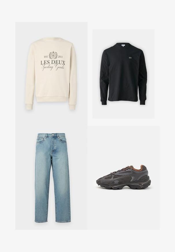 Kremfarget hettegenser med rund hals. Har "LES DEUX Sporting Goods" i mørkegrått, omgitt av et sirkulært emblem og laurbærdesign.; Svart langermet T-skjorte laget av bomull, med rund hals og en liten grønn brodert krokodillelogo på venstre bryst.; Lys blå denimjeans med løs passform, rette ben, fem-lomme-design og knappelukking i livet. Minimalistisk sømdetalj.; Lacoste-sneakers i mørkegrått med mesh- og syntetisk materiale, med en teksturert såle og brune detaljer på kragen og merket.