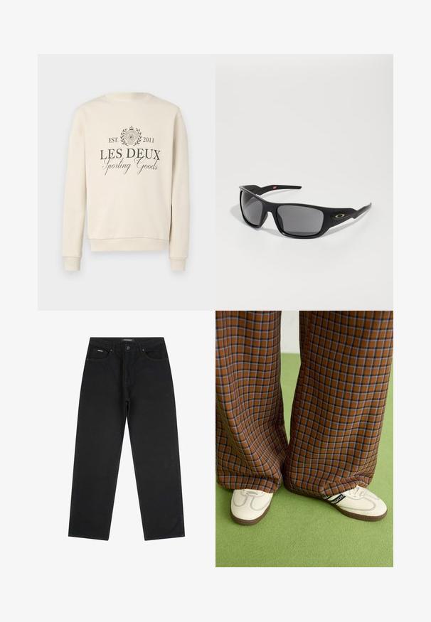 Krémová mikina s kulatým výstřihem. Obsahuje nápis "LES DEUX Sporting Goods" ve tmavě šedé barvě, obklopený kruhovým emblémem a designem vavřínu.; Černé džíny s rovnými nohavicemi, s předními knoflíky a zipem, poutky na opasek a pětipocketovým designem, položeny na bílé pozadí.; Hnědo-modré kostkované široké kalhoty doplněné bílými botami s černými akcenty a texturovanou podrážkou, umístěné na zeleném pozadí.; Černé sluneční brýle s obdélníkovým tvarem, vyrobené z odolného plastu, s šedými zrcadlovými skly a zlatým akcentem po straně.