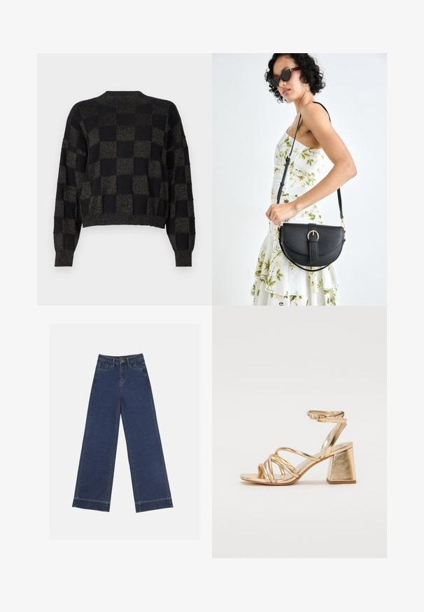 Must värviline kudum, millel on must-pruunikirju muster erinevates mustuse ja kuldse varjundites. Omab ümmargust kaelaauku ning sooniktoodete ääriseid ja varrukaid.; Laiad püksid tumedast sinisest denimist. Omab viit taskut, vöölõke ja toore äärega allosas, kus on nähtavad õmblused.; Kuldne metallik kontsandaalid, millel on rihmadega disain, ruudukujuline plokkkonts ja reguleeritav pahkluu rihm klambriga. Sile tekstuur.; Mustmust mustraha kõverate joontega, eemaldatava rihmaga ja kuldsete detailidega. Kotil on klapp, millel on pandladetail.