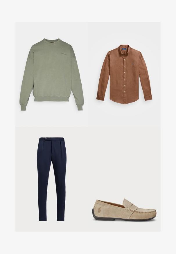 Zelená mikina s kulatým výstřihem, žebrovanými manžetami a lemem, s malým výšivkovým logem "BJÖRN BORG" na hrudi. Hladká textura.; Hnědá košile s dlouhým rukávem a knoflíky vpředu, vyrobená z lnu, s klasickým límcem a malým modrým logem na hrudi.; Námořnické modré kalhoty s přizpůsobeným střihem, plochým předním dílem, dvěma předními sklady a jedním knoflíkem na zapínání, vyrobené z hladké, texturované látky.; Béžové semišové mokasíny se šitým detailem, plochou gumovou podrážkou a malým logem na boku. Klasický design na klín, měkká textura.