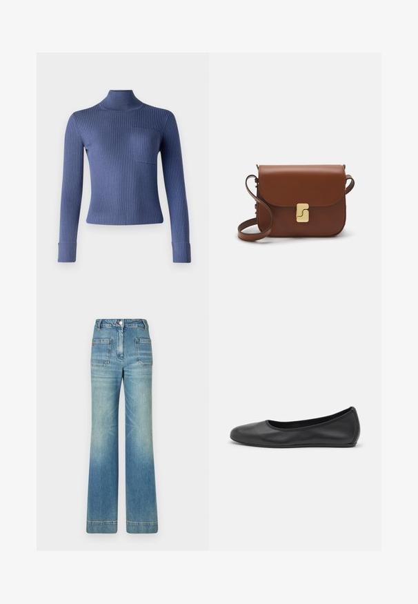 Šaljiva turtleneck pulover v temno modri barvi. Ima dolge rokave, prilegajoč dizajn in majhno sprednjo žep. Mehka tekstura in elastičen material.; Bela kratka majica s kratkimi rokavi iz rebrastega materiala. Okrogla ovratnica, običajen kroj in subtilni šivi. Brez vzorcev ali grafik.; Svijetloplave traperice s flared nogavicama, pet džepova, petljama za remen, kopčanjem na dugme i blago izblijedjelim izgledom, s crvenim logo detaljem na stražnjem dijelu.; Črne usnjene balerinke z zaobljenim nosom, gladko teksturo, minimalnimi šivi in fleksibilno zasnovo podplata.; Rjava usnjena torbica s poklopcem, zlato obarvani okovi, naramnica in gladka tekstura. Kompaktna pravokotna oblika.