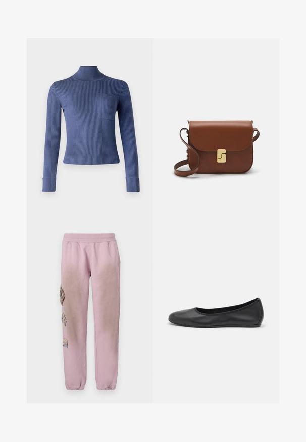 Geripptes Rollkragensweatshirt in tiefblau. Mit langen Ärmeln, einer figurbetonten Passform und einer kleinen Fronttasche. Weicher Stoff und dehnbarem Material.; Weißes kurzärmliges T-Shirt aus geripptem Stoff. Runder Halsausschnitt, normale Passform und dezente Nähte. Keine Muster oder Grafiken.; Rosa Sweatpants mit elastischem Bund, verziert mit dekorativen Patches in Diamantform auf der linken Seite und elastischen Bündchen an den Knöcheln.; Schwarze Leder-Ballettschuhe mit abgerundeter Spitze, glatter Textur, minimalen Nähdetails und einem flexiblen Sohlen-Design.; Braune Ledertasche mit Klappenverschluss, Beschlägen in Goldfarbe, einem Schultergurt und einer glatten Oberfläche. Kompakte rechteckige Form.