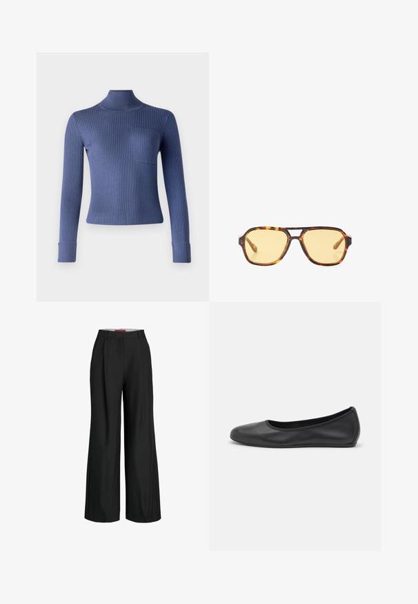 Ribbi t-paita syvällä sinisellä. Ominaisuuksia ovat pitkät hihat, tiukka muotoilu ja pieni etutasku. Pehmeä rakenne ja joustava materiaali.; Mustat leveälahkeiset housut, joissa on muotoiltu malli, pleateilla ja sileällä kankaan rakenteella. Siistit linjat ilman näkyviä varusteita tai korostuksia.; Musta nahkainen ballerina, jossa on pyöristetty kärki, sileä pinta, minimaalinen ommelkoristelu ja joustava pohjamuotoilu.; Kilpikonnakuosiset aurinkolasit, joissa on geometrinen muotoilu, keltaiset linssit ja metalliset yksityiskohdat saranoissa. Laaja kehys ja matta pinta.; Punainen nahkainen hobo-laukku, jossa on leveä, löysä muotoilu ja suuri aukko. Laukussa on hienovarainen tekstuuri ja etupuolella on kohokuvioitu logo.