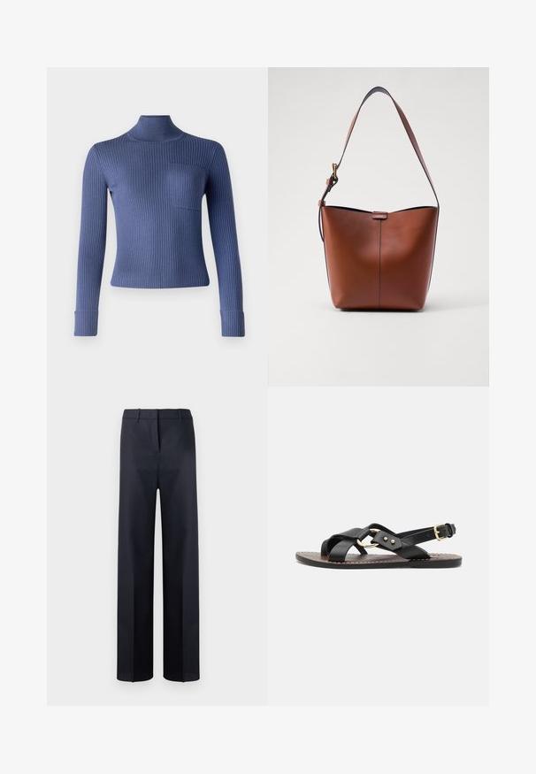 Ribbad polotröja i djupblått. Har långa ärmar, en figurnära design och en liten framficka. Mjuk textur och töjbart material.; Marinblå, skräddarsydda byxor gjorda av vävt tyg. Har en flat front, rak benmodell och standard midja med bälteshällor.; Svart lädersandal med korsade remmar och en guldfärgad cirkulär detalj. Platt sula med spänne vid ankeln.; Brun läderaxelväska med en böjd form, slät yta och ett enda tunt band. Har en subtil söm och en liten logotypdetalj.