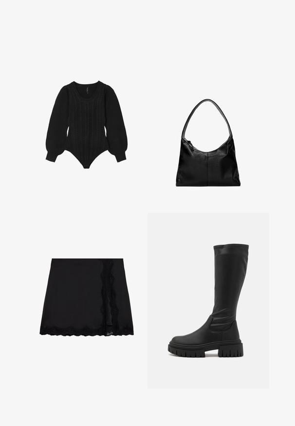 Calliope Strickpullover - noir; Even&Odd Minirock - black; Even&Odd Plateaustiefel - black; Schwarze Leder-Umhängetasche mit glatter Textur, geschwungenem oberen Rand und einem einzigen Tragegurt. Sie verfügt über einen Reißverschluss und ein minimalistisches Design.