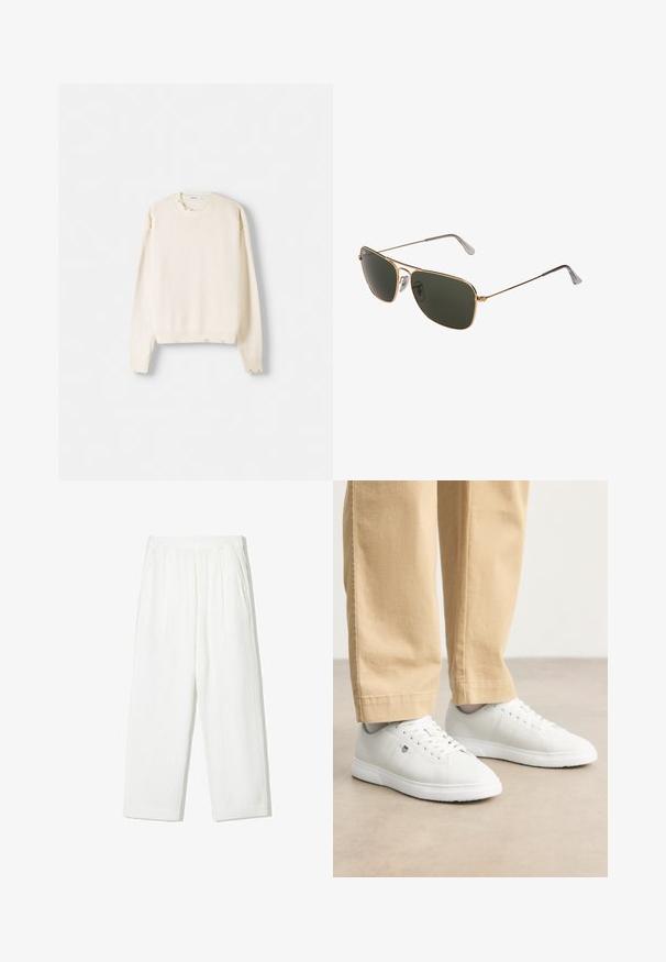 Cremfarbener Pullover mit langen Ärmeln, gerippten Bündchen und Saum, leichtes Strickmuster, mit kleinen beschädigten Details an den Schultern.; Weiße weit geschnittene Hosen austexturiertem Stoff. Mit elastischem Bund und zwei seitlichen Taschen. Lässiger, lockerer Schnitt.; Weiße Ledersneaker mit glatter Oberfläche, runde Zehenpartie, Schnürdesign und dezente Logo-Details an der Seite, kombiniert mit beigen Hosen.; Goldfarbene Metall-Aviator-Sonnenbrillen mit großen dunkelgrünen Gläsern, ausgestattet mit einem dünnen Rahmen und transparenten Nasenpolstern für zusätzlichen Komfort.