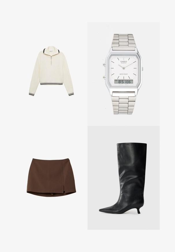 Mango Trui - off-white; Bruine minirok van gladde stof, met een voorflap, strakke lijnen en een gestructureerde pasvorm. Zonder zakken of opvallende metalen details.; Zwarte leren kniehoogte laars met een spitse neus en lage kittenheel, weergegeven op een effen lichte achtergrond.; Zilveren roestvrijstalen horloge met een vierkant kast, witte wijzerplaat, analoge en digitale weergave, en een metalen schakelband. Waterdicht ontwerp.