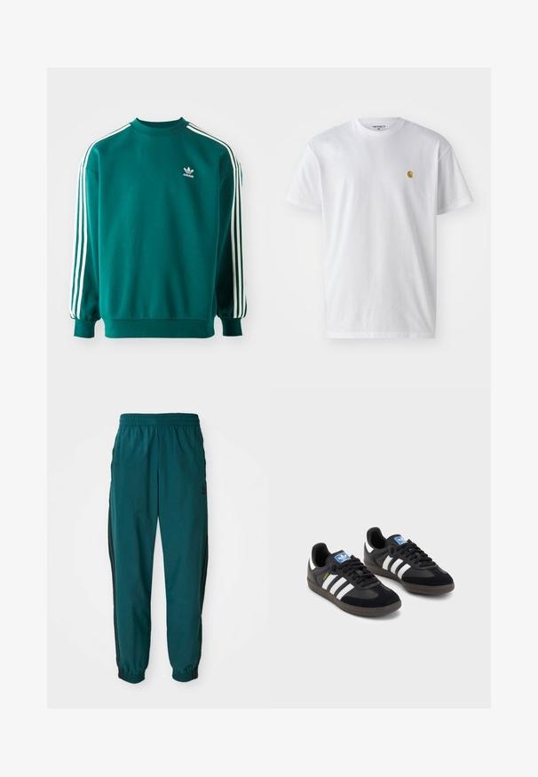 Teal hettegenser laget av bomullsblanding, med lange ermer, mansjetter nederst og tre hvite striper nedover hver erme. Adidas-logo på brystet.; Hvit bomull t-skjorte med korte ermer, rund hals, med en liten gulllogo på venstre brystområde. Myk tekstur og vanlig passform.; Teal idrettsbukser med snor i midjen, elastiske mansjetter og svarte striper på siden. Laget av lett materiale, med en logo nær hoften.; Svarte sneakers med overdel i semsket lær og syntetisk materiale, med tre hvite striper, strukturert gummisåle og blå logoetikett på tungen.