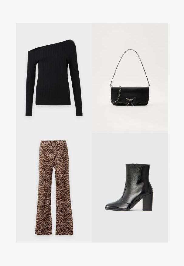 Melna ribota garām piedurknēm augšdaļa ar asimetrisku dekoltē, kas ietver vienu plecu atsedzošu dizainu un gludu tekstūru.; Bežā un melnā leopardu raksta platajā kājā bikses ar gludu tekstūru un sašaurinātu apakšdaļu. Dizains ar standarta jostu un kabatām.; Melnas ādas potīšu zābaki ar gludu tekstūru, smailu purngalu un masīlu augstu papēdi. Iekļauts sānu atvērums un minimālistisks dizains.; Melnas ādas rokassomā ar sudraba ķēdes siksnu, kurai ir dekoratīvi spārnu akcenti un baltā šuvēšana apakšējā šuvē.