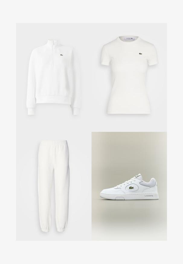 White long-sleeve quarter-zip sweatshirt with ribbed cuffs and hem, featuring a small green embroidered crocodile logo on the chest.; White short-sleeve ribbed t-shirt with a round neckline and a small green Lacoste crocodile logo on the left chest. Smooth cotton fabric.; White sweatpants made of soft, knitted fabric. Elastic waistband and cuffs provide a relaxed fit. Minimalist design, no visible patterns or accents.; White leather sneaker with mesh accents, round toe, and flat laces. Features a green crocodile logo and "LACOSTE" branding on the heel.