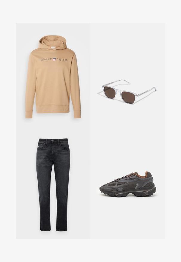 Sudadera con capucha beige hecha de una tela suave, con un logo en el pecho delantero "GANT 1949" en color marino y un pequeño acento de escudo. Diseño simple.; Jeans de mezclilla negra con corte recto, que cuentan con diseño de cinco bolsillos y cremallera. Desgaste sutil y detalles de costura en los bolsillos.; Zapatillas Lacoste en gris oscuro con material de malla y sintético, que cuentan con una suela texturizada y detalles en marrón en el cuello y la marca.; Gafas de sol de plástico transparente con lentes marrones rectangulares, que cuentan con finas varillas transparentes y acentos metálicos en las patillas.