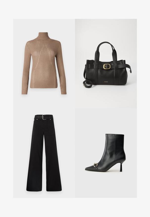 Bež džemper s visokim ovratnikom, rebraste teksture i dugim rukavima, s trokutastim uzorkom šavova na prednjoj strani za dodatnu detaljnost.; Crne široke hlače od pamuka, s visokim strukom, velikim bočnim džepovima i pojasom s srebrnim detaljima.; Crne kožne gležnjače s nazupčanim prstom, uskim srednje visokim potpeticama i detaljem srebrne kopče sa strane na jedinstvenoj pozadini.; Crna kožna torba s strukturiranim dizajnom, dvostrukim gornjim ručkama, zlatnim kopčom kao naglaskom i utisnutim logotipom marke sprijeda.