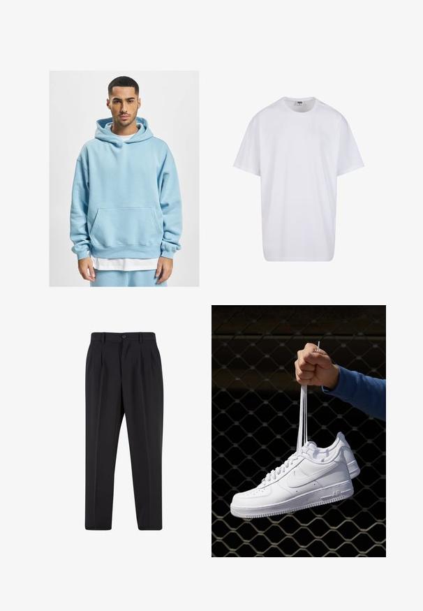 Gaiši zils hoody, izgatavots no mīkstas auduma, ar kangaruu kabatu, peldošu kapuci un ribotiem piedurkņu galiem. Uzvilkts pāri baltai krekla.; Balta kokvilnas T-kreklu ar īsām piedurknēm, apaļu kakla izgriezumu, brīvu piegriezumu un bez redzamām logo vai rakstiem. Gluda tekstūra un minimālistisks dizains.; Melni brīvie bikses ar krokotu priekšpusi, izgatavotas no gludas auduma. Iespējama poga aizdare un jostas cilpas; taisnu kāju forma.; Baltas ādas sporta apavi ar perforācijām, apaļu purngali, plakanu zoli un biezām šņorēm, ar redzamu swoosh logo un vārdu "AIR" uz papēža.