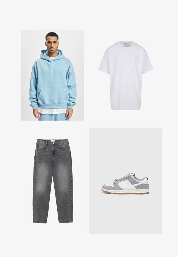 Hoodie bleu clair en tissu doux, doté d'une poche kangourou, d'une capuche avec cordon de serrage et de poignets côtelés. Superposé sur une chemise blanche.; T-shirt en coton blanc avec des manches courtes, un col rond, une coupe décontractée et sans logos ni motifs visibles. Texture lisse et design minimaliste.; Jean taille haute, décontracté en denim noir délavé. Comprend cinq poches, des passants de ceinture et un design de jambe droite épurée.; Baskets grises et blanches avec un dessus en suède et cuir, bout rond, lacets plats et semelle en caoutchouc avec une touche de gomme.