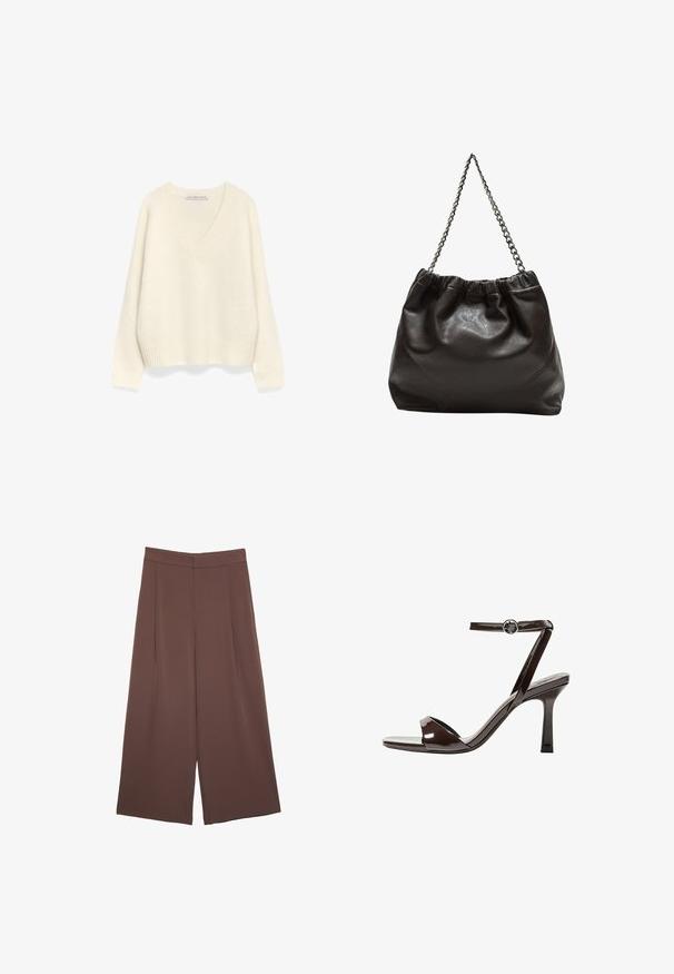 Pull en V crème en tissu doux et texturé. Présente des poignets et un ourlet côtelés, avec une coupe décontractée et oversized.; Pantalons larges marron avec une texture lisse, dotés d'une taille haute et de plis à l'avant. Le tissu est léger et tombe de manière fluide.; Sandale à talon haut en cuir verni marron avec une bride de cheville, bout ouvert et un design épuré et minimaliste. Présente un talon carré.; Sac en cuir marron avec un haut froncé et une bandoulière en chaîne. Texture lisse avec une finition brillante et des coutures subtiles sur les côtés.