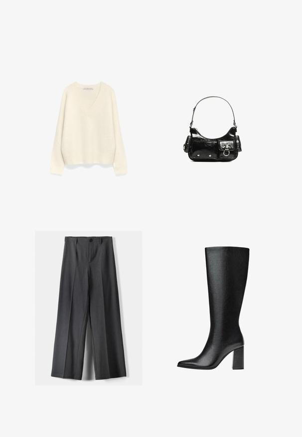 Pull en V crème en tissu doux et texturé. Présente des poignets et un ourlet côtelés, avec une coupe décontractée et oversized.; Pantalon large en tissu gris foncé, avec une fermeture à bouton, des plis avant et des passants de ceinture. Texture lisse avec un design ajusté.; Bottine noire montante en simili cuir avec un bout pointu, texture lisse et un talon large. Design minimaliste sans accents visibles.; Sac à main en cuir verni noir avec une forme incurvée, une bandoulière, des poches avant et des accents en métal argenté.