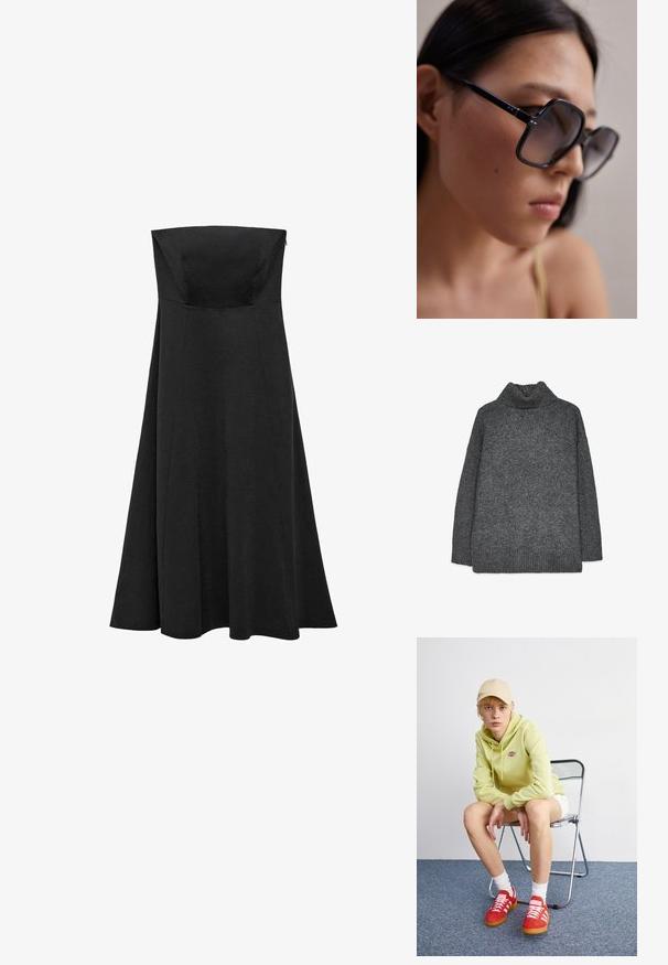 Grijze gebreide coltrui met een ontspannen pasvorm, geribbelde mouwen en onderkant, en een gevarieerde structuur. De achterkant is eenvoudig zonder verdere details.; Zwarte strapless jurk met een aansluitend lijfje en een uitlopende, lange rok. Gemaakt van gladde stof zonder zichtbare patronen of accenten.; Lichtgroene hoodie met logo, witte shorts, rode sneakers met witte strepen, zittend op een chroom opvouwstoel tegen een neutrale achtergrond.; Zwarte oversized zonnebril met een dik montuur, gradient lenzen en metalen accenten op de pootjes. Close-up weergave die de gezichtscontouren benadrukt.; Zwarte leren handtas met een gebogen ontwerp, goudkleurige accenten en een bovenhandvat. Heeft een strakke sluiting en een gladde textuur.