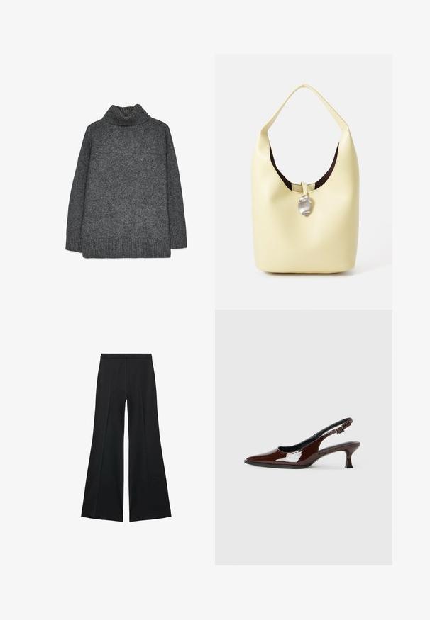 Grå stickad turtleneck-tröja med avslappnad passform, ribbade mudd och nederkant samt en strukturväv. Baksidan är enkel utan ytterligare detaljer.; Svarta vida byxor med en slät textur, med framfickor och skräddarsydd design. Tyget är lätt och flödande.; Brun lackläder slingback-sko med spetsig tå och en måttlig klack. Utrustad med en spännband för säker passform. Slät textur.; Hobo-väska i mjukt gult läder med rundad form. Har en slät yta, mörk foder och en silverfärgad detalj vid stängningen.