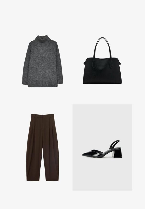 Siv pleten turtleneck pulover s sproščenim krojem, rebrastimi robovi in teksturiranim tkanjem. Zadaj je preprost brez dodatnih podrobnosti.; Rjave hlače visoke pasu s pregibi, narejene iz gladkega materiala. Ohlapen kroj, ravne nogavice, z zankami za pas in zadrgo.; Črne lakirane slingback pete s koničastim nosom in geometrijsko blokasto peto. Imajo eleganten, minimalističen dizajn in gladko teksturo.; Črna usnjena torbica z dvema naramnima trakoma, pravokotne oblike in minimalističnim dizajnom na beli podlagi.