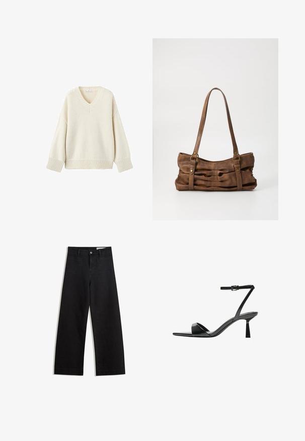 Cremefarbener Pullover mit V-Ausschnitt, geripptem Saum und Bündchen, gestrickter Textur, lockerer Passform und abgefallenen Schultern für zusätzlichen Komfort. ; Schwarze weit geschnittene Jeans mit hoher Taille, ausgestattet mit Vorder- und Hintertaschen, gesteppten Nähten und einem Knopfverschluss. Glatte Textur.; Bershka High Heel Sandalette - black; Even&Odd Handtasche - brown