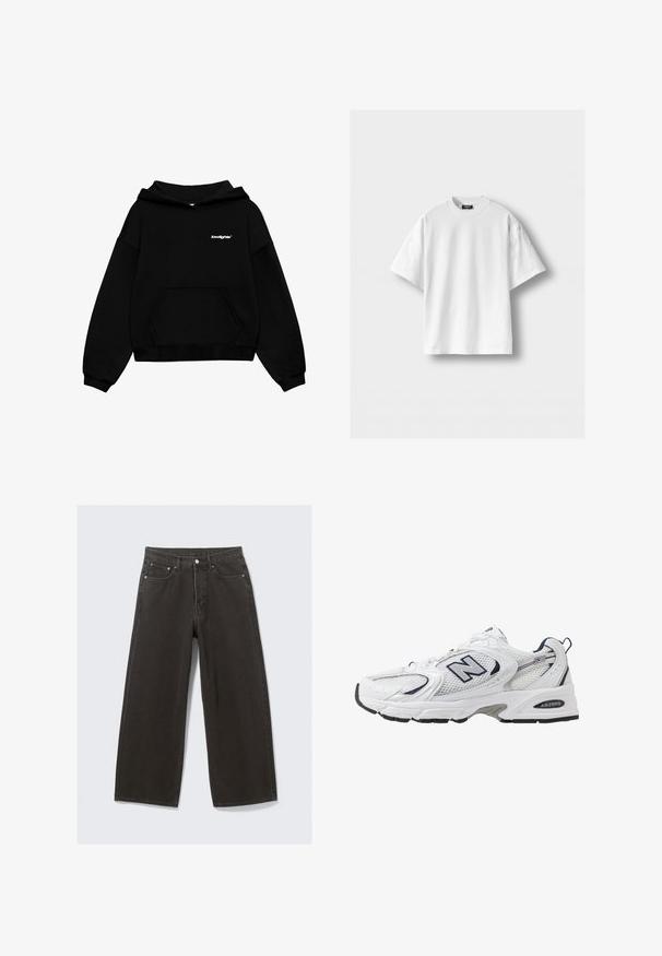 LOW LIGHTS STUDIOS® BASIC LOGO HOODIE - Sweatshirt - black; Weißes Baumwoll-T-Shirt mit kurzen Ärmeln, Rundhalsausschnitt und lockerer Passform. Glatte Textur, keine Muster oder akzentuierenden Elemente.; Hochwaisted, weit geschnittene schwarze Denim-Jeans verfügen über ein Fünf-Taschen-Design und einen Knopfverschluss. Der Stoff hat eine weiche, strukturierte Oberfläche.; Weißer Sportschuh mit Mesh-Obermaterial, navyblauen Akzenten und gepolsterter Sohle. Verfügt über das "N"-Logo, Schnürsenkel und eine strukturierte Detailverarbeitung an der Seite.