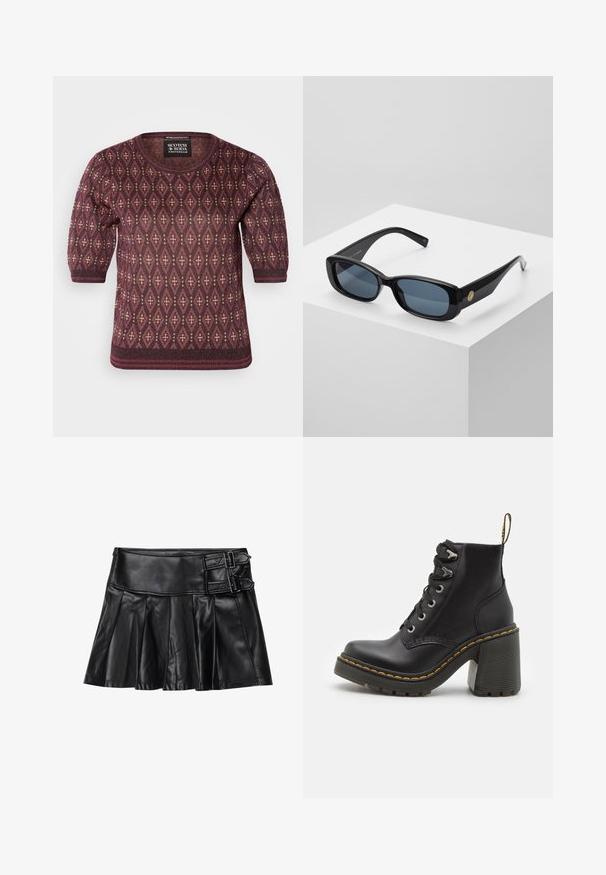 Pletený svetr v barvě burgundské s diamantovým vzorem v krémové barvě. Má krátké balónové rukávy a kulatý výstřih. Měkká textura.; Černá kožená sukně s sklady, širokým pasem a dvěma přezkami na boku. Hladká textura s lesklým povrchem.; Černé kožené kotníkové boty s robustním vysokým podpatkem, šněrováním vpředu, kovovými očky a žlutým prošíváním podél podrážky. Texturovaná gumová podrážka.; Černé obdélníkové sluneční brýle s tónovanými modrými skly, silnými rámy a zlatým kulatým akcentem na straně. Hladký, lesklý povrch.; Burgundská kabelka vyrobená z umělého materiálu se strukturovaným designem, která má odnímatelný popruh a kroužek, na kterém je uvázaný šátek s květinovým vzorem.