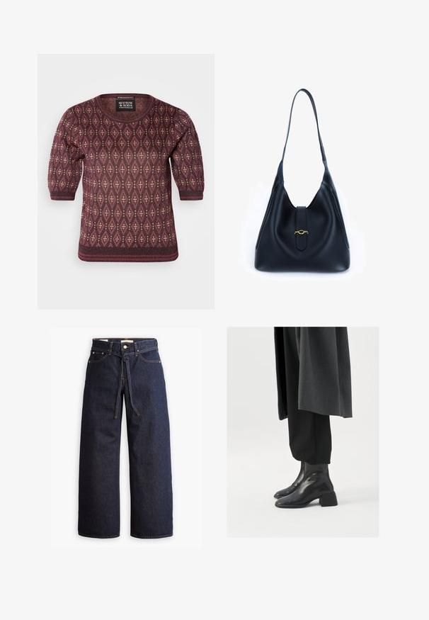 Burgundia värvi kudum, millel on kreemjat värvi rombimuster. Lühikesed puffseelikud ja ümar kaelus. Pehme tekstuur.; Tume sinine kõrge kaelusega pikkade varrukatega topp. Valmistatud pehmest kangast, millel on sile tekstuur. Omab kokkuhoidlikku disaini ja kõrget kraed ilma nähtavate õmblusteta.; Laiad joped tumeda sinise denimi ja kõrge taljega, millel on paela kinni tõmbamise võimalus, viis taskut ja kontrastsete õmblustega detailid.; Mustad nahast pahkluu saapad, millel on ruudukujuline varvas ja paks konts, kantud lohakate mustade pükste ja tumeda halli mantliga. Sile pinnatekstuur.; Must mustrist must alune, leeval ja pehme disainiga. Omab lamedat rihma ja keskel asuvat sulgemist, millel on kuldne aksent.