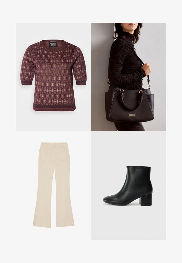 Knitted sweater in burgundy with a diamond pattern in cream. Features short puff sleeves and a rounded neckline. Soft texture.; Beige flared pants with a high waist, made of cotton fabric. Features front and back pockets, belt loops, and a single silver button.; Black leather ankle boots with a pointed toe and a chunky heel. Smooth texture with minimal accents and a sleek, fitted design.; Black handbag with textured surface, dual top handles, and adjustable shoulder strap. Features gold-tone hardware and side pockets.
