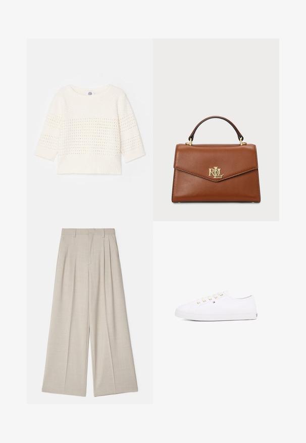 Lett cremesweater med trekvartærmer, med et tekstureret mønster og ribbet kant. Simpelt design med åbne strikdetaljer.; Beige viddebenede bukser med en glat tekstur, der har frontfold, en flad talje og et skræddersyet design for en løs pasform.; Hvid kanvas sneaker med guld øjer, flade snørebånd, tekstureret gummisål og minimal branding på siden. Lavprofil design.; Brun læderhåndtaske med en struktureret design, et topgreb, guldfarvet hardware og et logoaccent på forsiden. Glat tekstur.