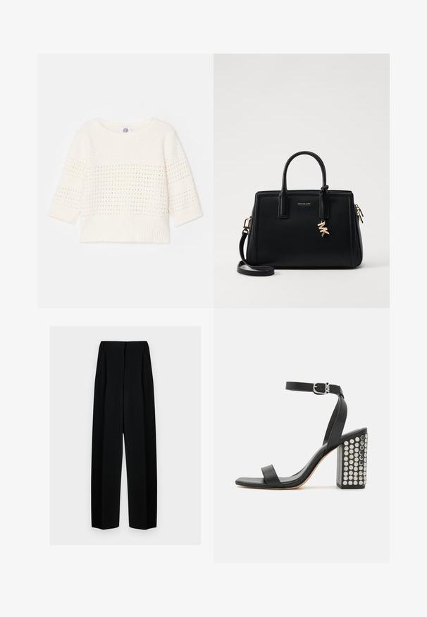Leichter Creme-Pullover mit Dreiviertelärmeln, der ein strukturiertes Muster und einen gerippten Saum aufweist. Schlichte Gestaltung mit offenen Strickakzenten.; Schwarze weit geschnittene Hosen mit hoher Taille, die Falten und eine glatte Textur aufweisen. Der Stoff wirkt leicht und fällt elegant.; Schwarze Ledersandalen mit Absatz und Knöchelriemen. Mit einer quadratischen Schuhspitze, glatter Textur und einem quadratischen Blockabsatz, der mit silbernen Nieten verziert ist.; Schwarze Ledertasche mit strukturiertem Design, doppelten oberen Griffen, abnehmbarem Schulterriemen, goldfarbenen Beschlägen und einem Logo-Anhänger.