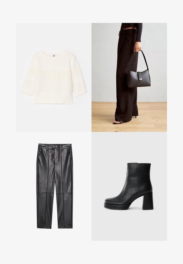 Pull léger en crème avec des manches trois-quarts, présentant un motif texturé et une finition côtelée. Design simple agrémenté d'accents en maille ajourée.; Pantalons en cuir noir avec une texture lisse, présentant une coupe droite, deux poches avant et des coutures visibles.; Bottine en cuir noir avec un talon bloc et une semelle plateforme, vue de côté sur un fond blanc uni.; Sac à main noir à la forme structurée, texture lisse et fermoir métallique. Associé à un pantalon noir ample et des sandales ouvertes sur un sol en bois.
