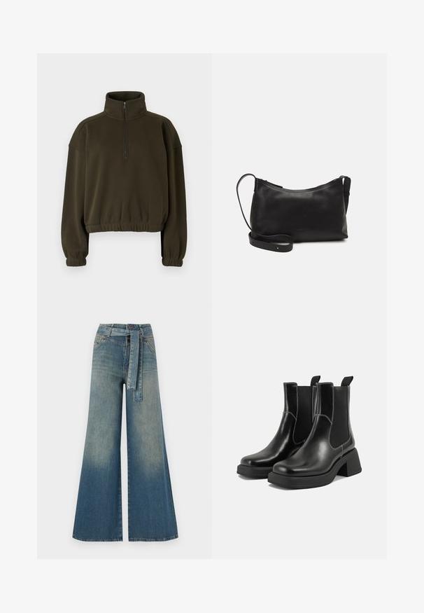 Oliven grønn cropped hettegenser laget av myk stoff, med høy krage, halv-lukking med glidelås, og elastiske mansjetter og kant.; Bredde ben jeans med en lyseblå til mørkeblå gradient, høyt liv, beltehemper og et matchende belte i samme stoff. Teksturert denimoverflate.; Sorte lær Chelsea støvler med en kraftig hæl, elastiske sidepaneler og kontrasterende hvid syning. Teksturert overflate.; Svart skinn skulderveske med glatt tekstur, buet form, justerbar stropp og glidelås. Minimalistisk design uten dekorasjoner.