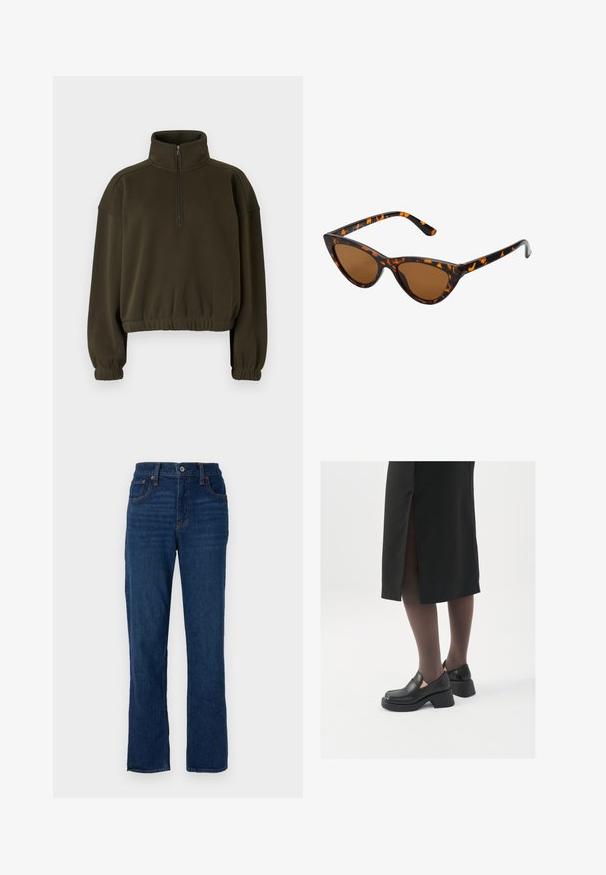 Olijfgroene cropped sweatshirt van zachte stof, met een hoge kraag, een half-rits sluiting en elastische manchetten en zoom.; Donkerblauwe denim recht gesneden jeans met een vijfzakkenontwerp, oranje stiksels en een knoopsluiting bij de tailleband.; Zwarte leren schoenen met een ronde neus, dikke blokhak en elastische zijkanten, gecombineerd met donkere panty's en een zwarte rok met een split.; Cat-eye zonnebril met een zwart en oranje schildpadframe, bruine lenzen en slanke, puntige uiteinden. Bevat een minimalistisch logo op de poot.; Zilveren creolen met een gedraaide ontwerp, voorzien van een gepolijste afwerking en een post-back sluiting. Meet ongeveer 3 cm in diameter.