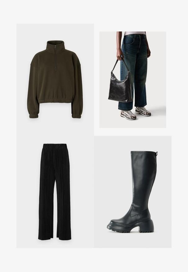 Zelená olivová zkrácená mikina vyrobená z měkké tkaniny, s vysokým límcem, polovičním zipem a elastickými manžetami a spodním lemem.; Černé plisované kalhoty s elastickým pasem. Mají široké nohavice a hladkou, strukturovanou tkaninu s vertikálními pruhy.; Vysoká černá kožená bota s masivní platformou a blokovým podpatkem, s poutkem a texturovaným vzorkem na podrážce.; Černá kožená kabelka přes rameno se hladkým povrchem a nastavitelným popruhem, spárovaná s vybledlými džínami širokého střihu a sportovními teniskami.