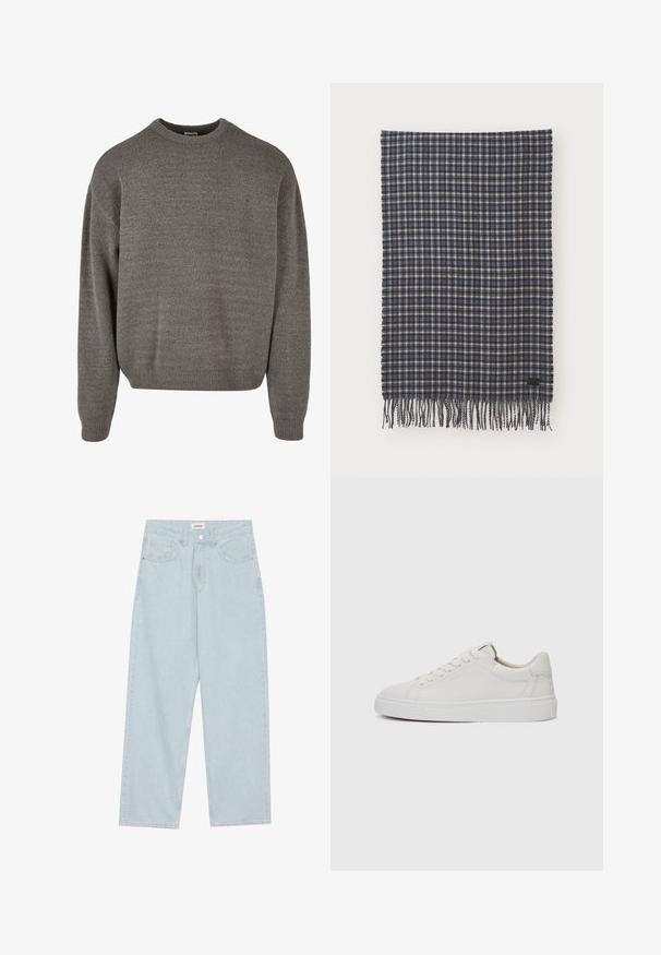 Pull en maille gris avec un col rond, des manches longues et des poignets et un ourlet côtelés. Le tissu est texturé et doux, présentant des variations subtiles.; Jeans en denim bleu clair à large jambe, avec une taille mi-haute, cinq poches et une fermeture à bouton avec un accent métallique fin.; Baskets blanches en cuir, à tige basse, avec un bout rond, une semelle en caoutchouc blanc plate et des détails de couture minimalistes. Lacets maintenus par six œillets.; Écharpe en laine tissée à carreaux bleu marine foncé et crème, ornée de bords frangés et d'une petite étiquette noire. Texture douce avec une forme rectangulaire.