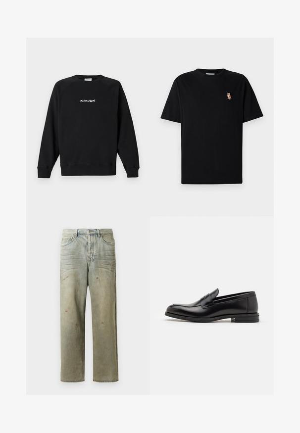 Hanorac negru cu mâneci lungi și guler rotund, cu text alb „Maison Kitsuné” centrat pe piept, prezentat pe un fundal deschis simplu.; Tricou negru cu mânecă scurtă și guler rotund, având un mic logo brodat cu o vulpe portocalie pe partea stângă a pieptului.; Jeans din denim uzat, de culoare verde deschis, cu un croi drept, design cu cinci buzunare, și decolorare inegală cu stropi de vopsea.; Mocasini din piele neagră cu o textură netedă, vârf rotund și o curea decorativă peste partea superioară. Toc mic, design minimalist.