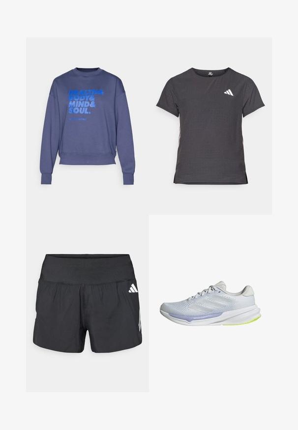 Felpa blu realizzata in morbido tessuto, con collo tondo, maniche lunghe e testo grafico in blu e bianco a contrasto.; T-shirt atletico a maniche corte, grigio scuro con texture perforata. Presenta un logo bianco e strisce laterali a contrasto. Girocollo.; Pantaloncini sportivi neri con una fascia elastica larga in vita, tessuto leggero e dettagli del logo bianco sul lato inferiore.; Scarpa da ginnastica bianca con tomaia in rete traspirante, design texturizzato e dettagli in lavanda. Presenta una suola ammortizzata con dettagli verde sulla suola.