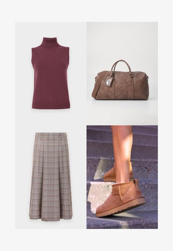 Suéter sem mangas cor vinho com gola alta, aberturas para os braços e barra caneladas, apresentado sobre um fundo branco.; Camisa branca de manga longa com fecho de botão, apresentando um colarinho, textura macia em relevo e botões amarelos claros.; Saia midi plissada em padrão xadrez castanho e cinzento, feita de um tecido texturizado. Apresenta uma banda na cintura e cai até à metade da panturrilha.; Botas de tornozelo em camurça clara com uma textura suave, detalhes costurados e sola em borracha, apresentando um salto com alça para facilitar o calçar.; Mala de viagem em pele castanha com duas alças superiores, uma alça de ombro removível, ferragens douradas e uma etiqueta de bagagem retangular. Superfície texturada.
